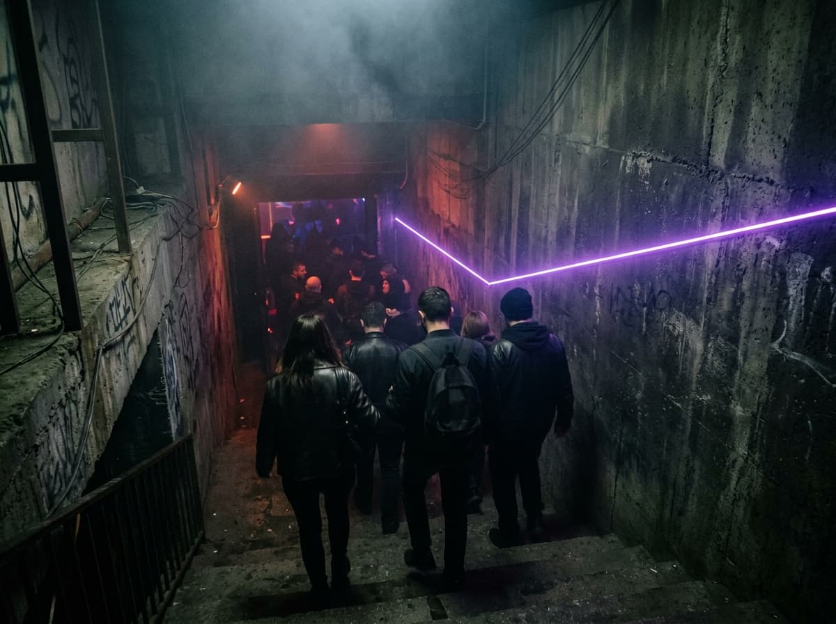 Subterranean club entrance stairs with neon laser strip